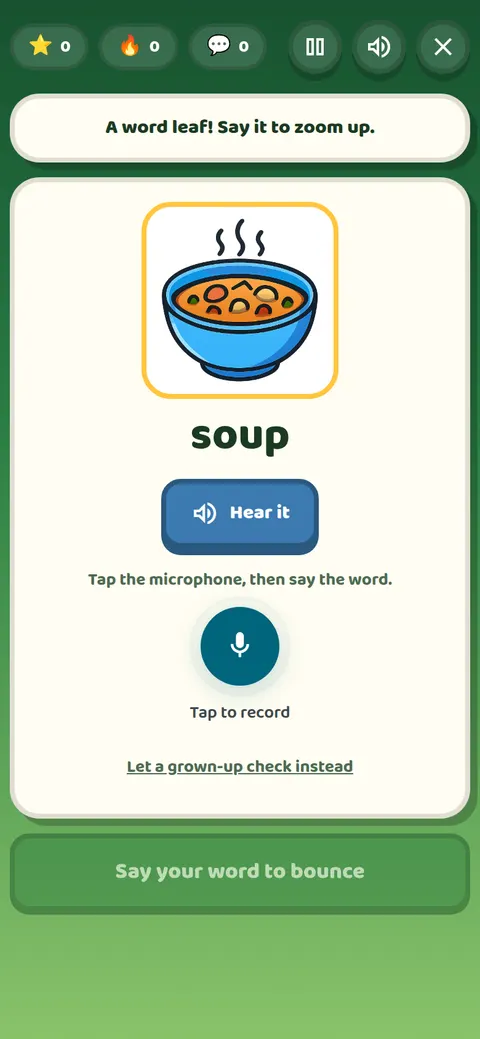 Beanstalk Bounce on a phone: a picture of soup, the word soup and a Tap to record button