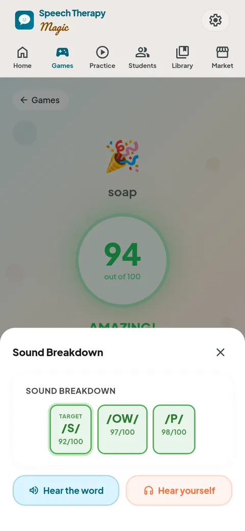 The sound breakdown for soap: a score for /s/, /ow/ and /p/