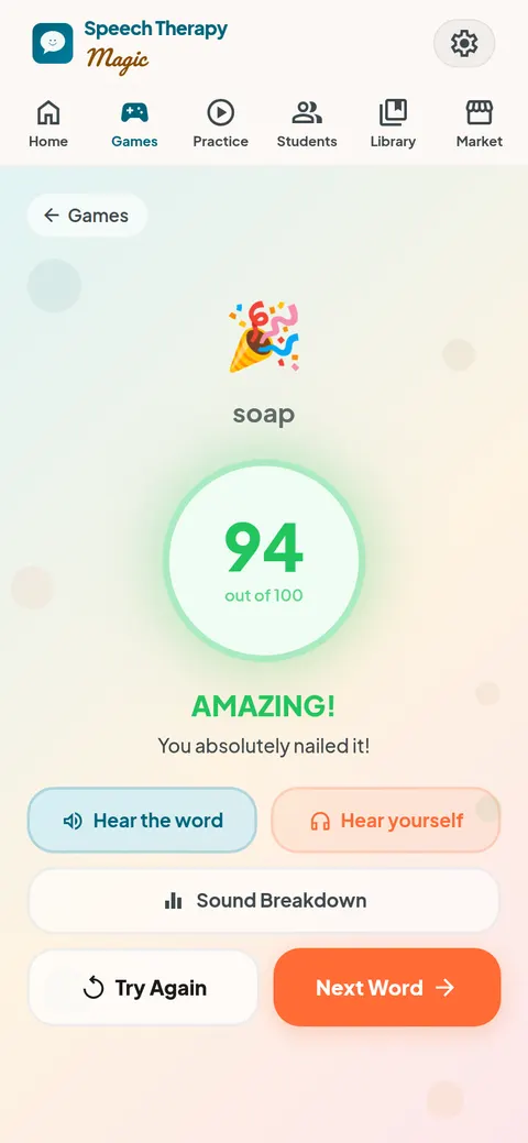 Pronunciation practice result for the word soap: 94 out of 100