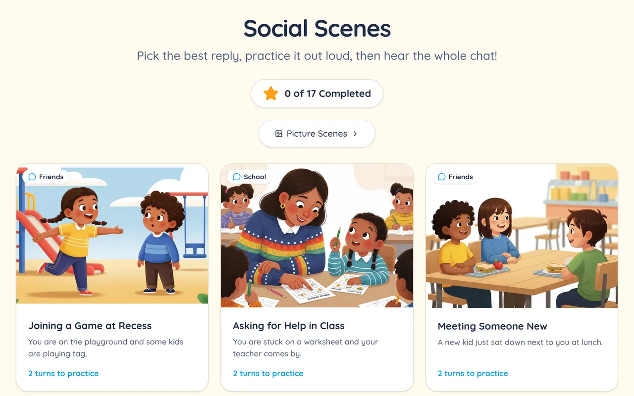 Social Scenes: picture cards for Joining a Game at Recess, Asking for Help in Class and Meeting Someone New